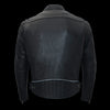 Milwaukee Leather men's black long body motorcycle leather jacket with vented panels, front zipper, and multiple pockets.