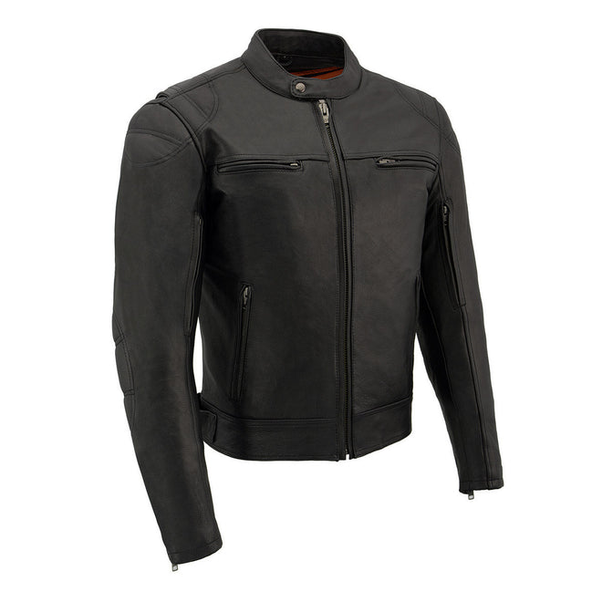 Milwaukee Leather men's black motorcycle jacket with long body and vented panels, designed for riding comfort and style.