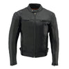 Milwaukee Leather men's black long body and vented motorcycle leather jacket with front zipper and shoulder vents.