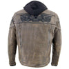 Milwaukee Leather men's distressed brown leather jacket with reflective skull design and front zipper closure.