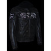 Milwaukee Leather men's distressed brown leather jacket with reflective skull designs, casual men's jacket for rugged style.