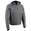 Milwaukee Leather men's distressed grey leather jacket with reflective skull designs, stylish and rugged for casual wear.