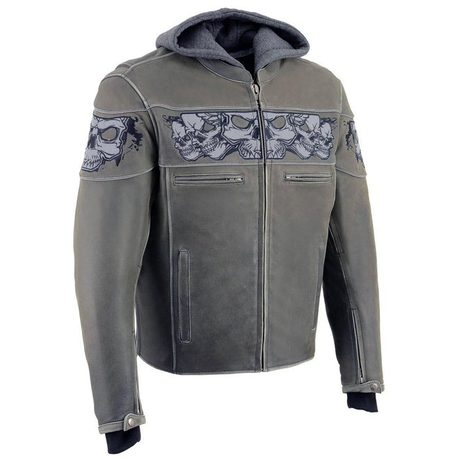 Milwaukee Leather men's distressed grey leather jacket with reflective skull designs, stylish and rugged for casual wear.