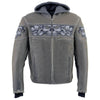 Milwaukee Leather men's distressed grey leather jacket with reflective skull designs, featuring a stylish and rugged look.