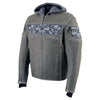 Milwaukee Leather men's distressed grey leather jacket with reflective skull designs, stylish men’s jacket for casual wear.