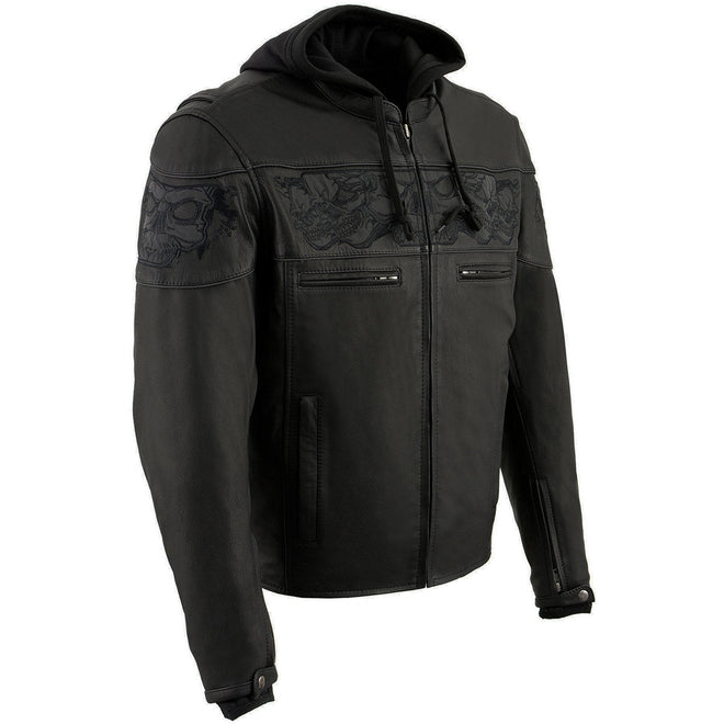 Milwaukee Leather men's black leather motorcycle jacket with reflective skulls and hoodie, scooter style, casual protective outerwear.