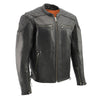 Milwaukee Leather MLM1580 men's black leather scooter jacket with side laces and vented design, shown on a model.