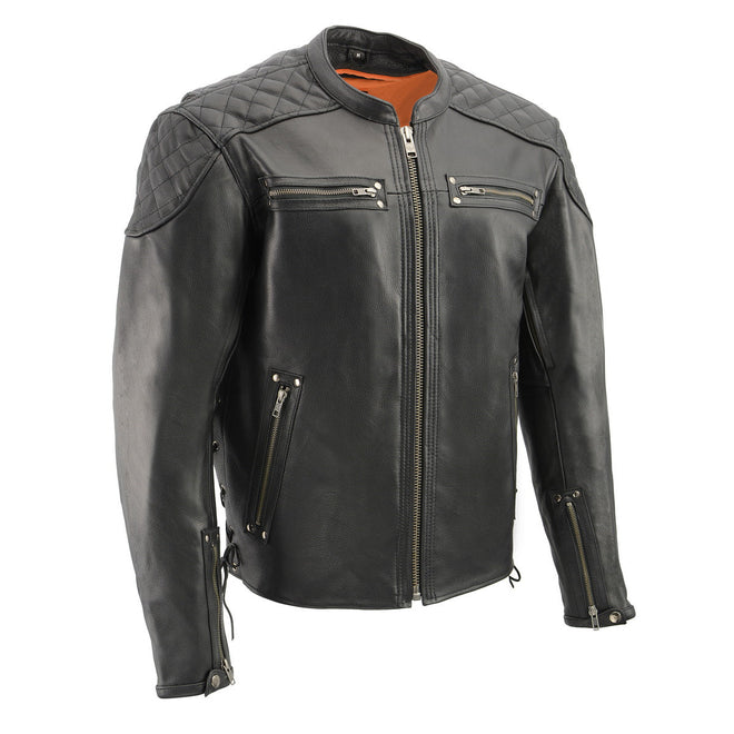 Milwaukee Leather MLM1580 men's black leather scooter jacket with side laces and vented design, shown on a model.