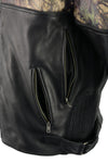 Milwaukee Leather men's Jungle Mossy side stretch leather motorcycle racer jacket with rugged design and detailed stitching.