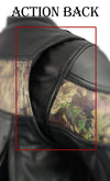 Milwaukee Leather men's Jungle Mossy side stretch leather motorcycle racer jacket, shown from the back with action pose.