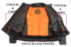 Inside view of Milwaukee Leather men's Jungle Mossy side stretch motorcycle racer jacket showing interior lining and stitching.