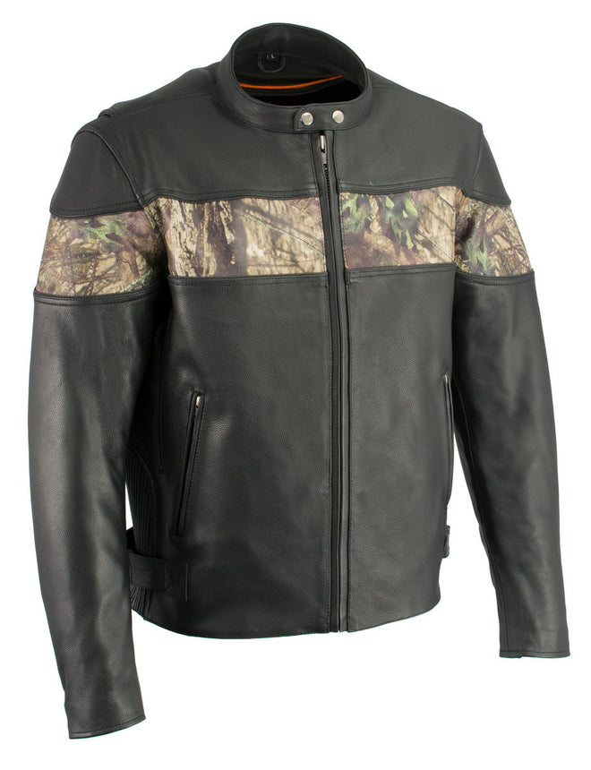 Milwaukee Leather men's Jungle Mossy side stretch leather motorcycle racer jacket with padded shoulders and zippered front.