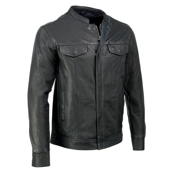 Milwaukee Leather men's lightweight goatskin leather motorcycle rider jacket in black, suitable for all seasons, front view.