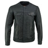 Milwaukee Leather men's naked goatskin leather motorcycle rider shirt jacket in black, collarless, lightweight, casual fit.