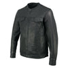 Milwaukee Leather men's collarless motorcycle jacket in black, made of lightweight naked goatskin leather, designed for riding.