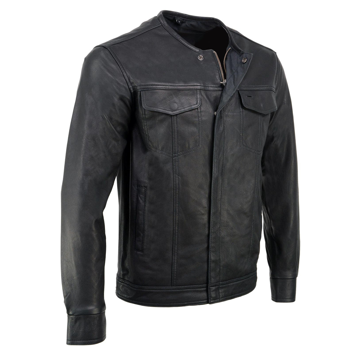 Milwaukee Leather men's collarless motorcycle jacket in black made of lightweight goatskin leather, designed for riding.