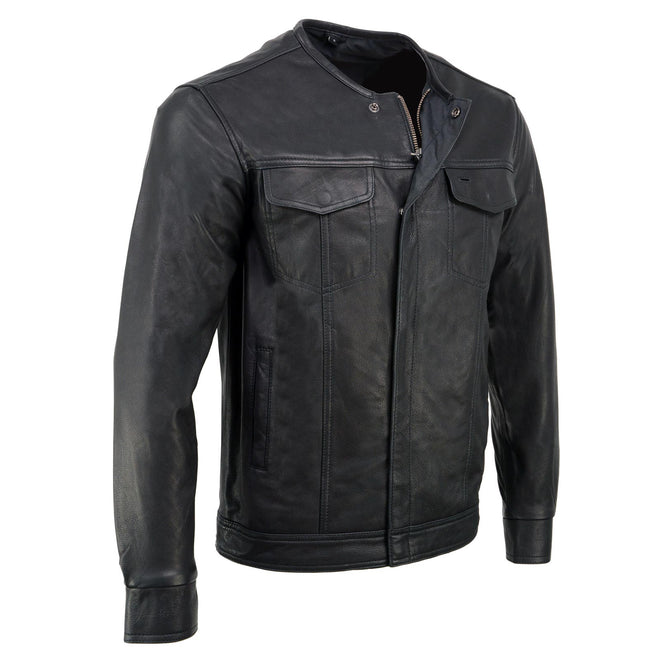Milwaukee Leather men's collarless motorcycle jacket in black made of lightweight goatskin leather, designed for riding.