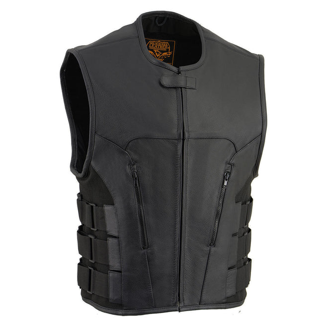 Milwaukee Leather men's club-style SWAT rider leather vest with single panel back for club patches, black and rugged appearance.