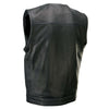 Men's black leather V-neck motorcycle rider vest by Milwaukee Leather, featuring premium naked goat leather and a sleek design.