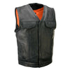 Milwaukee Leather men's Pursuit black V-neck motorcycle rider vest made from premium naked goat leather, front view.