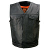 Milwaukee Leather men's Pursuit black leather V-neck motorcycle rider vest with premium naked goat leather detailing.