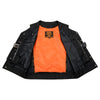 Inside view of Milwaukee Leather MLM3503 men's Pursuit black leather motorcycle rider vest with V-neck design and premium naked goat leather.