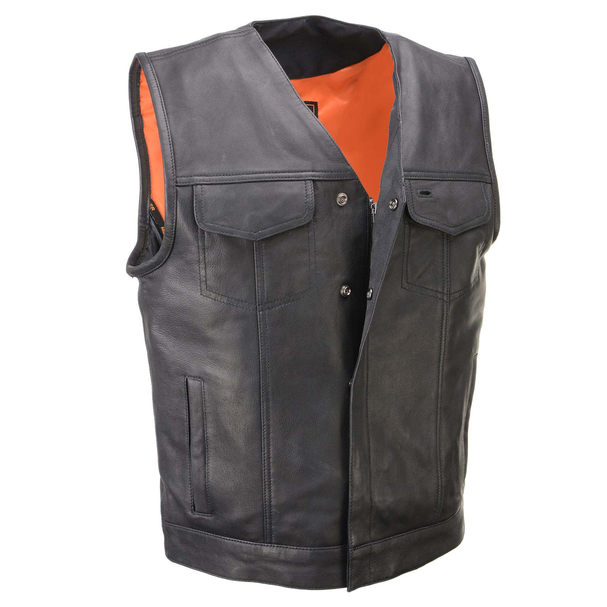 Milwaukee Leather men's Pursuit black leather motorcycle rider vest with V-neck and premium naked goat leather.