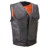 Milwaukee Leather men's Pursuit black V-neck motorcycle rider vest made of premium naked Goad leather, front view.