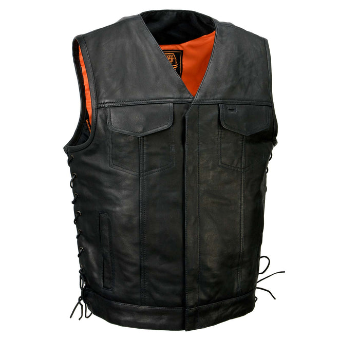 Milwaukee Leather men's black Pursuit V-neck motorcycle vest with adjustable side laces, designed for riding and casual wear.