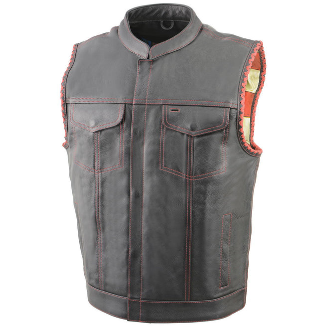 Milwaukee Leather men's black naked leather vest with red stitching, laced armholes, and old glory club style design.