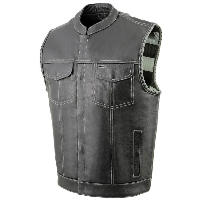 Milwaukee Leather men's black naked leather vest with grey stitching, laced armholes, and a club style design.