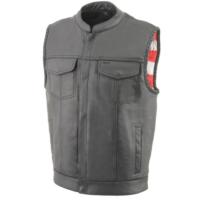 Milwaukee Leather men's black naked leather vest with US flag embroidery, laced armholes, black stitching, club style design.