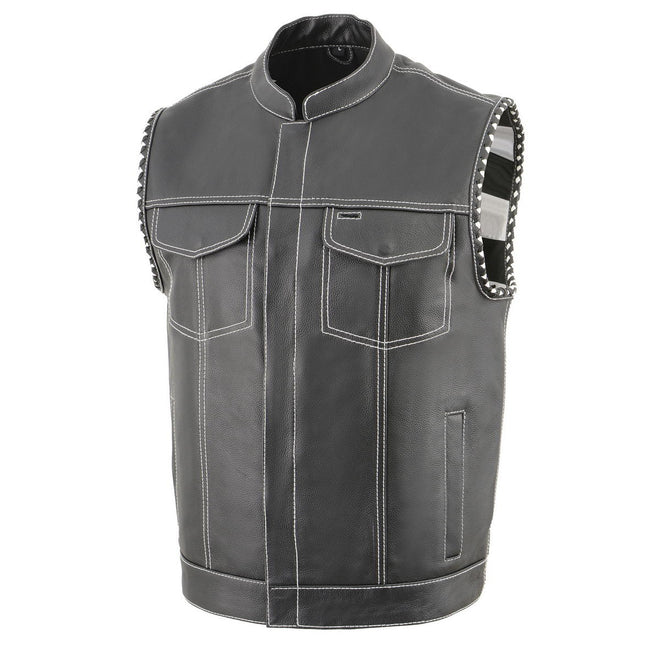 Men's black leather vest with white stitching, laced armholes, and club style design by Milwaukee Leather.