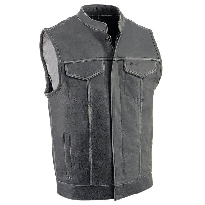 Milwaukee Leather men's naked leather club style vest with concealed snaps and zipper closure, designed for motorcycle riders.