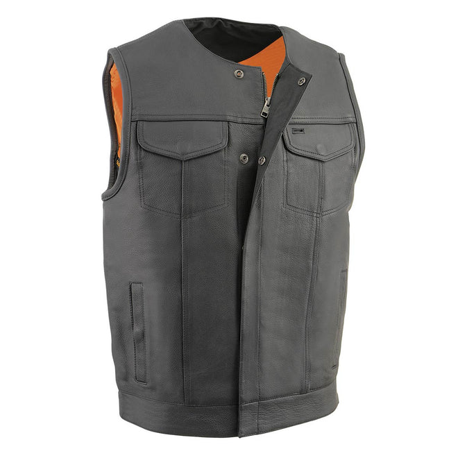Milwaukee Leather men's black Cool-Tec naked leather vest with club collar, designed for motorcycle riders, shown front view.