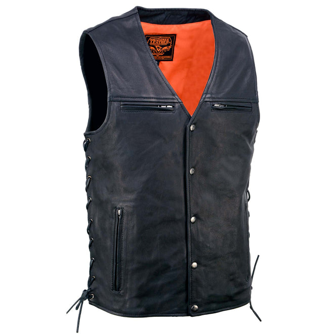 Milwaukee Leather men's black naked leather motorcycle vest with V-neck, straight bottom, and side lace detailing.