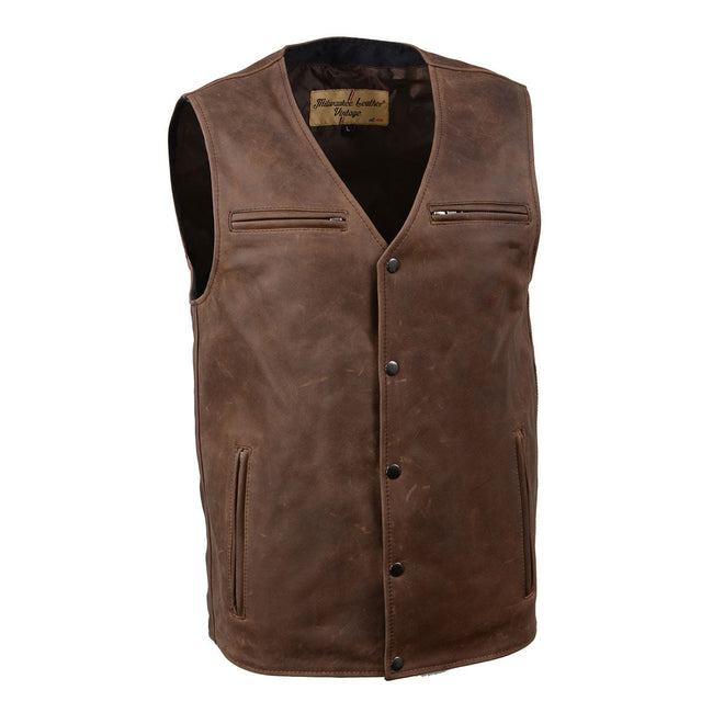 Milwaukee Leather men's gambler leather vest with snap front, vintage crazy horse brown motorcycle style, rugged and stylish.