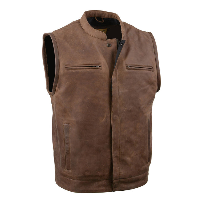 Milwaukee Leather men's Gambler Crazy Horse brown vintage leather motorcycle vest with club style design.