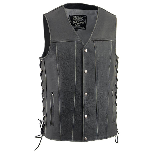 Milwaukee Leather men's distress grey leather vest with V-neck, straight bottom, side lace detail, designed for motorcycle riding.
