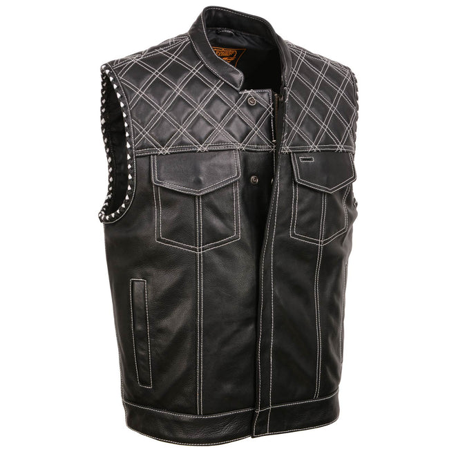 Milwaukee Leather men's black paisley accented leather vest with white stitching, open collar, armhole trim, and stylish design.