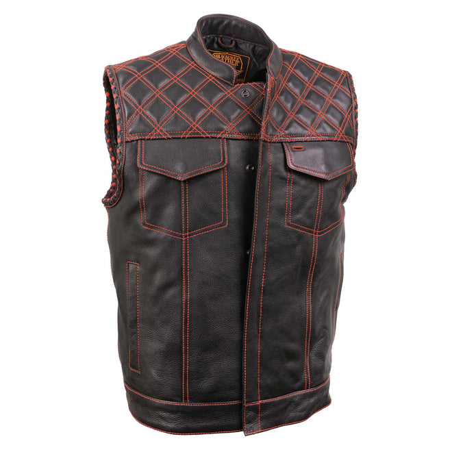 Milwaukee Leather men's black paisley leather vest with red stitching, armhole trim, and open collar design.