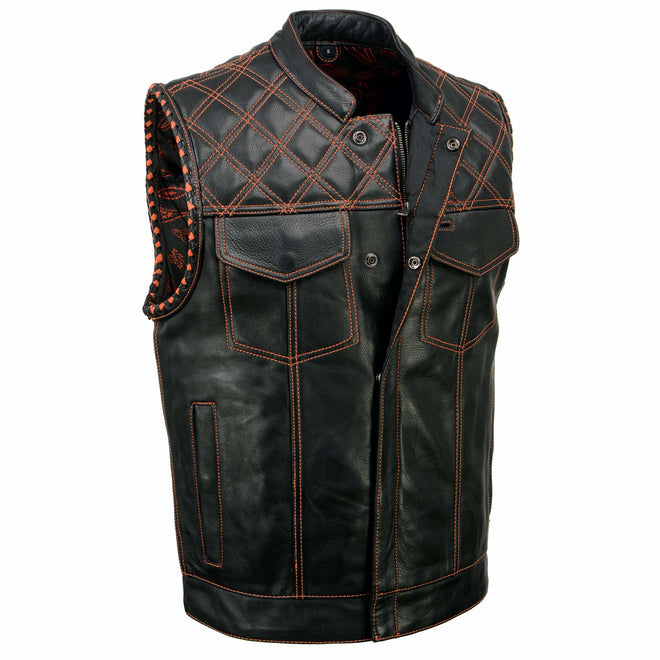 Milwaukee Leather men's black paisley leather vest with orange stitching and armhole trim, featuring detailed accents and craftsmanship.