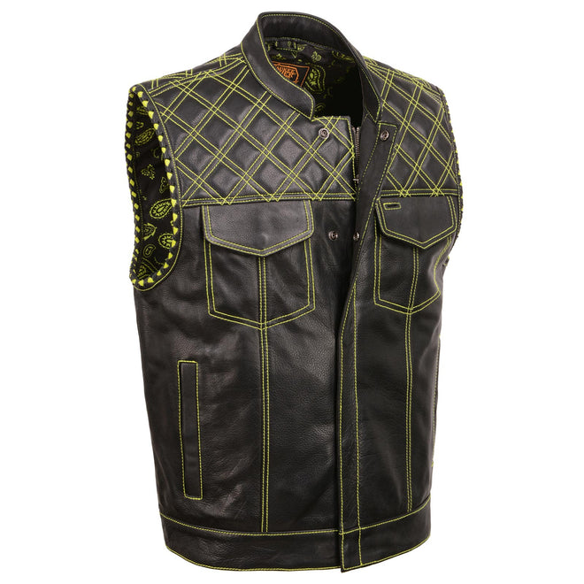 Milwaukee Leather men's black leather vest with paisley accents, neon green stitching, and armhole trim, showcasing stylish detailing.