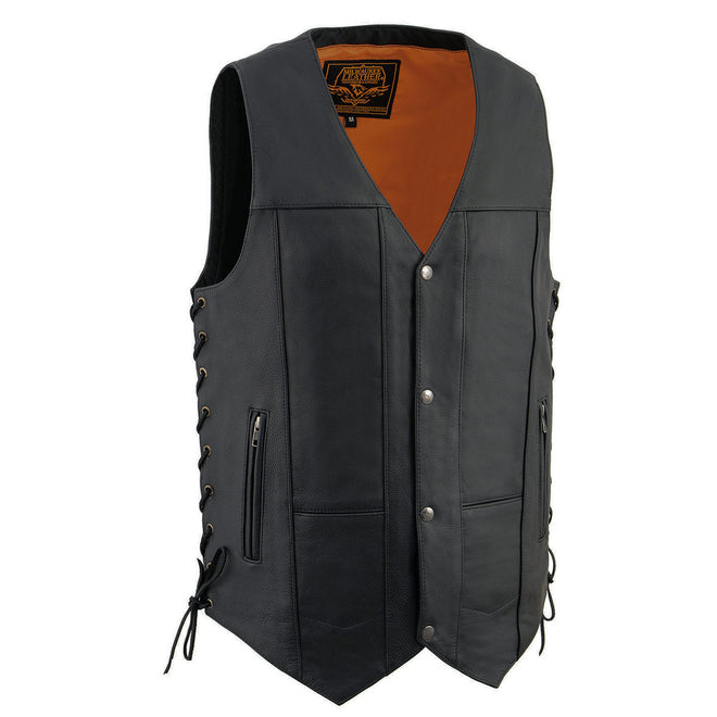 Milwaukee Leather men's roulette black motorcycle leather vest with 10 pockets and Cool-Tec technology, designed for riding comfort.