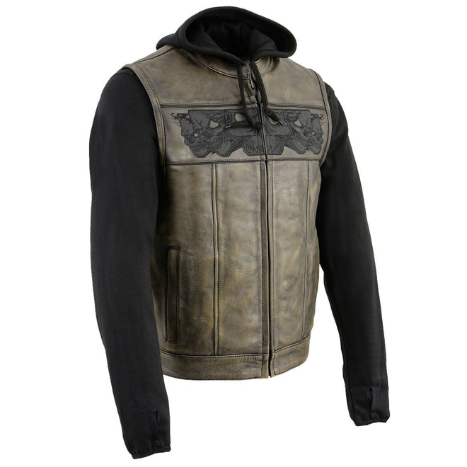 Milwaukee Leather men's distressed brown motorcycle vest with removable hoodie and reflective skull design, featuring multiple pockets.