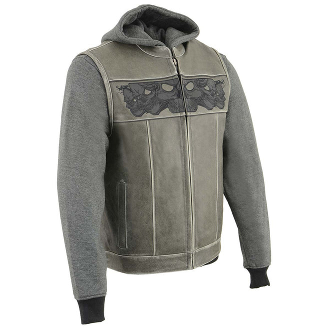 Milwaukee Leather men's grey skull motorcycle vest with removable hoodie, distressed grey fabric and reflective skull design.