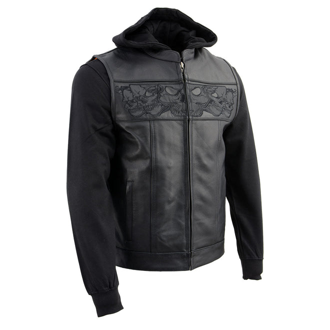 Milwaukee Leather men's black leather vest with removable hoodie and reflective skull design, ideal for motorcycle riding.
