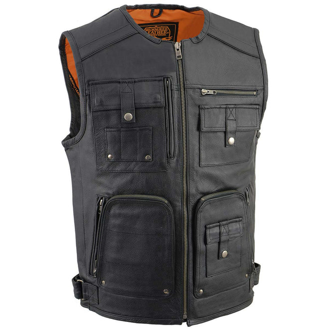 Milwaukee Leather men's black utility motorcycle vest with multiple pockets, designed for bikers and motorcycle enthusiasts.