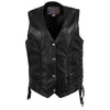 Women's black braided motorcycle leather vest by Milwaukee Leather, front view showcasing stylish design and fitted silhouette.