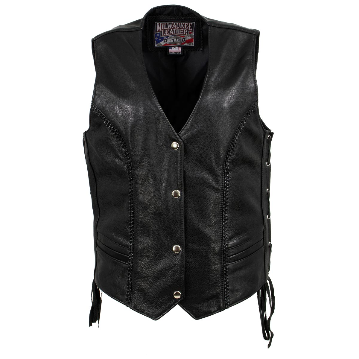 Women's black braided motorcycle leather vest by Milwaukee Leather, front view showcasing stylish design and fitted silhouette.